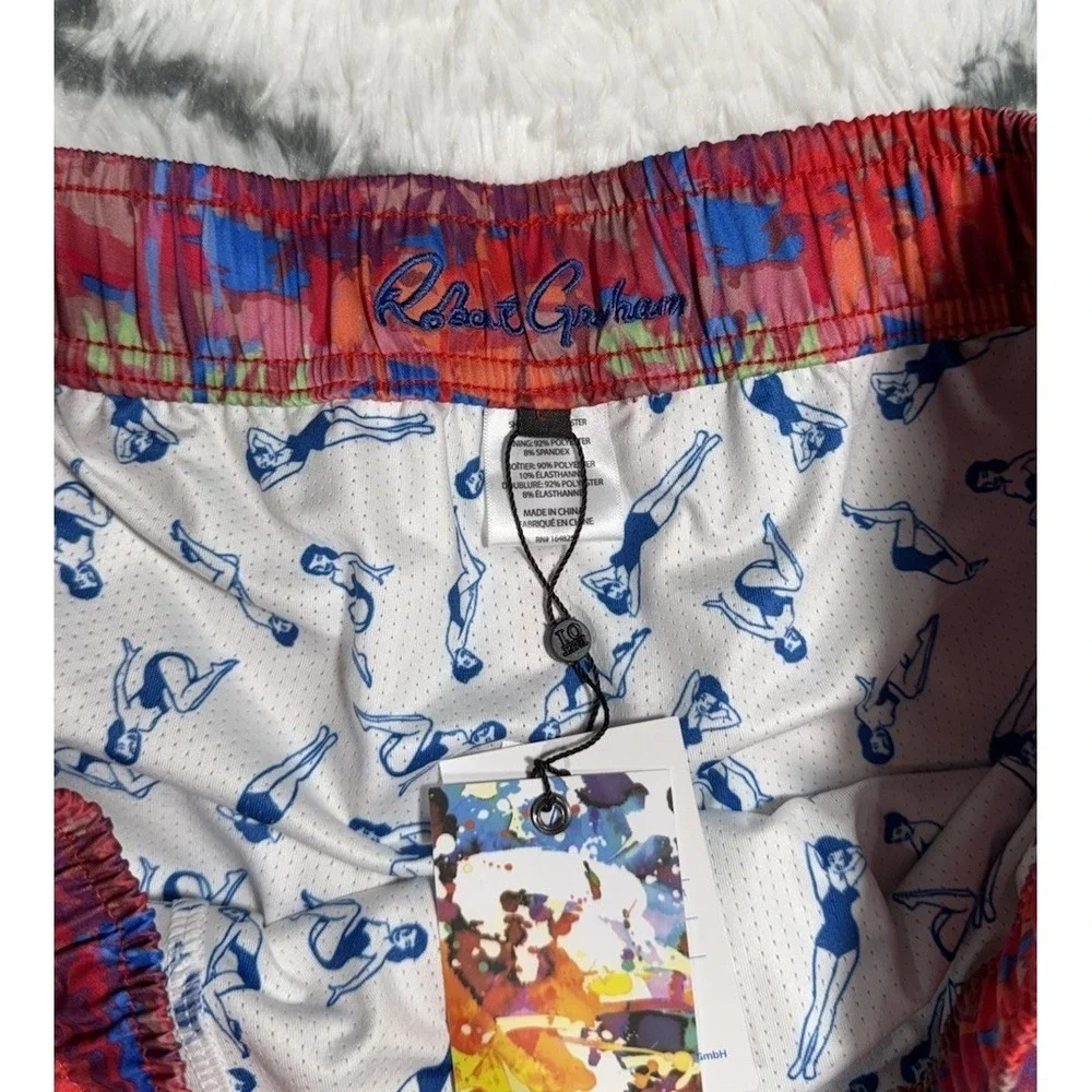 ROBERT GRAHAM Palm Trees Swim Trunks Board Shorts Pink‎ Men's Sz L *NEW* $79